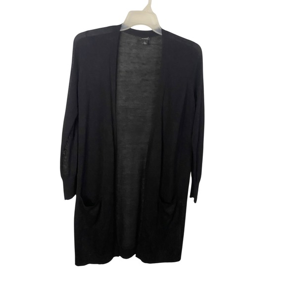 Halogen Sweaters - Halogen Womens Black Sheer Linen Blend Long Open Front Cardigan Pockets Small